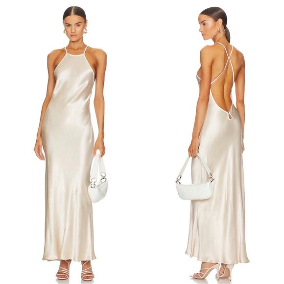 Bec + Bridge Indi Halter Neck Cross Back Sand & Ivory Maxi Dress Size 6 - Picture 1 of 8
